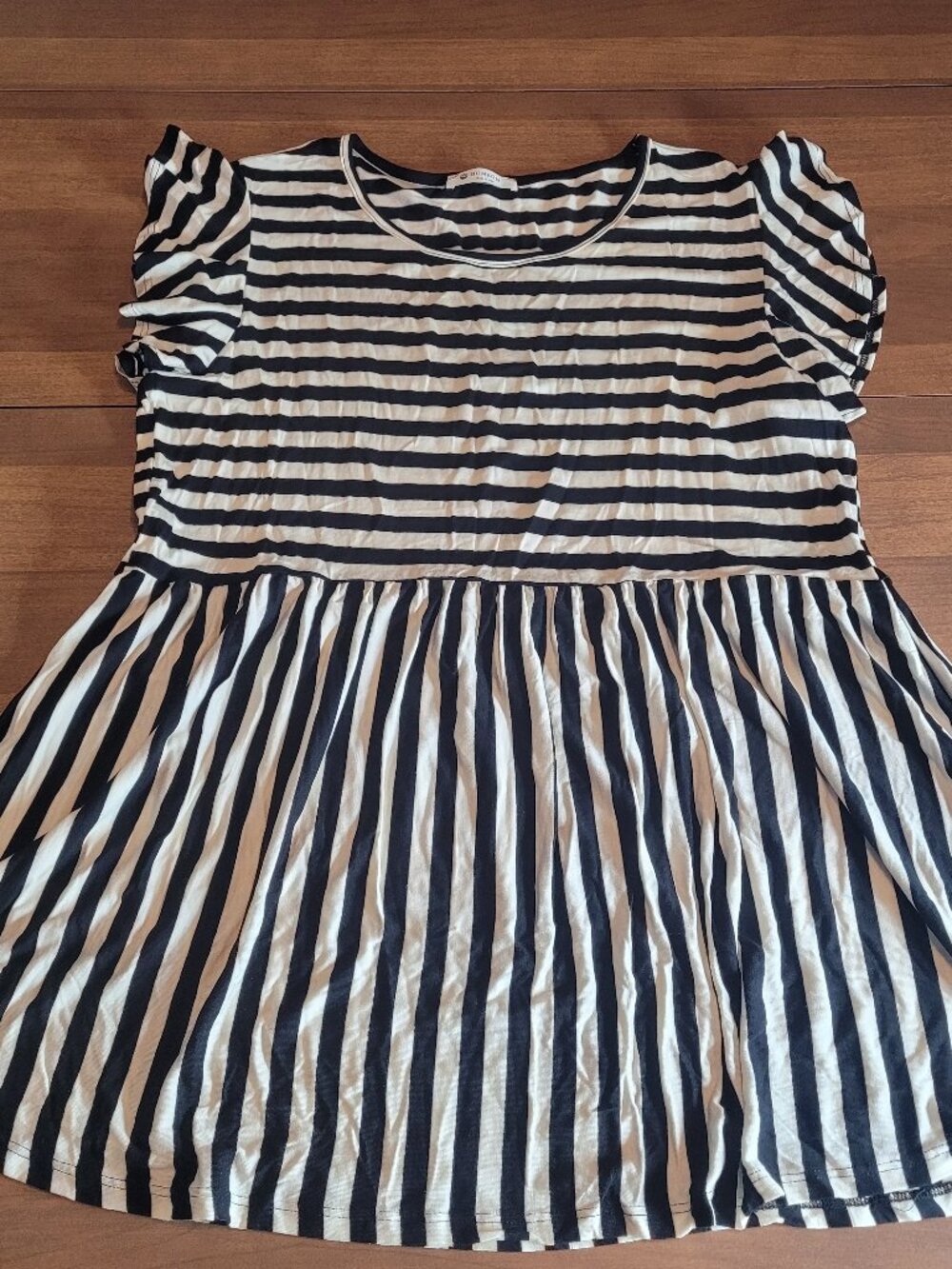 Bombom Women Black White Striped Ruffle Sleeve Babydoll Stretch Tunic Size XL